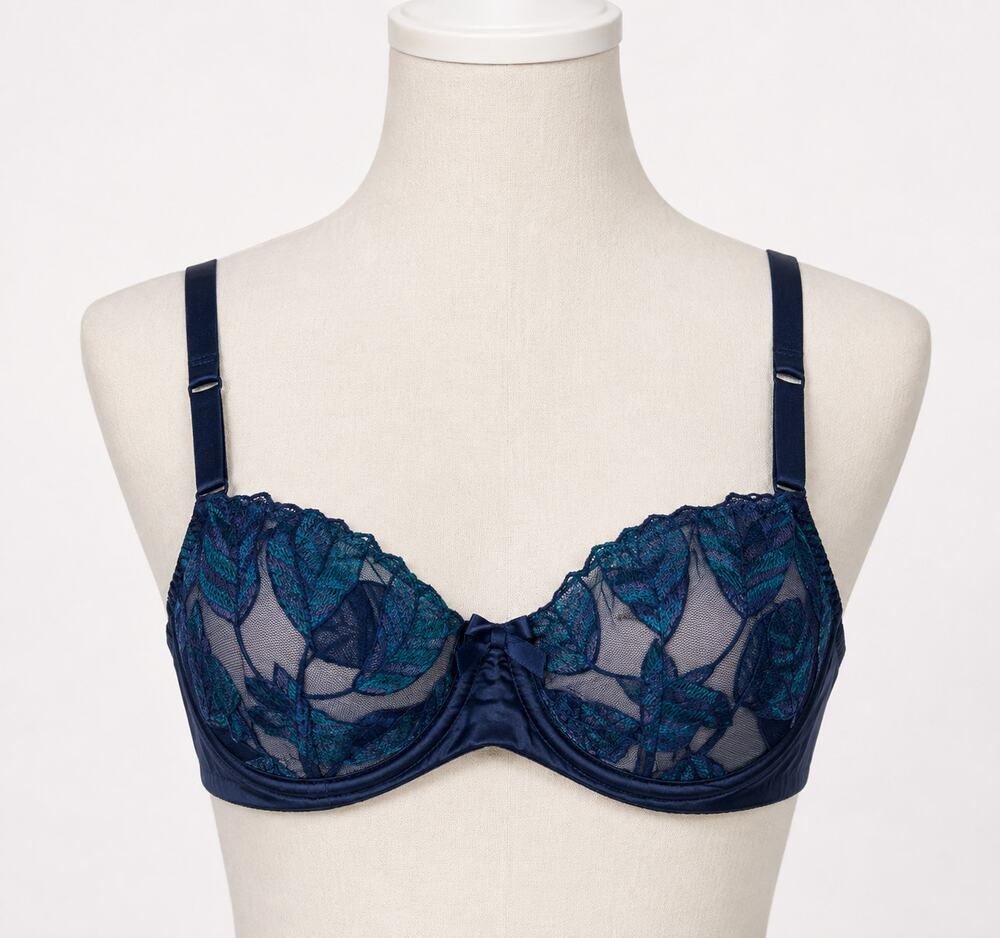 Lace Bra Blue and Black Satiny Demi Cup 34B